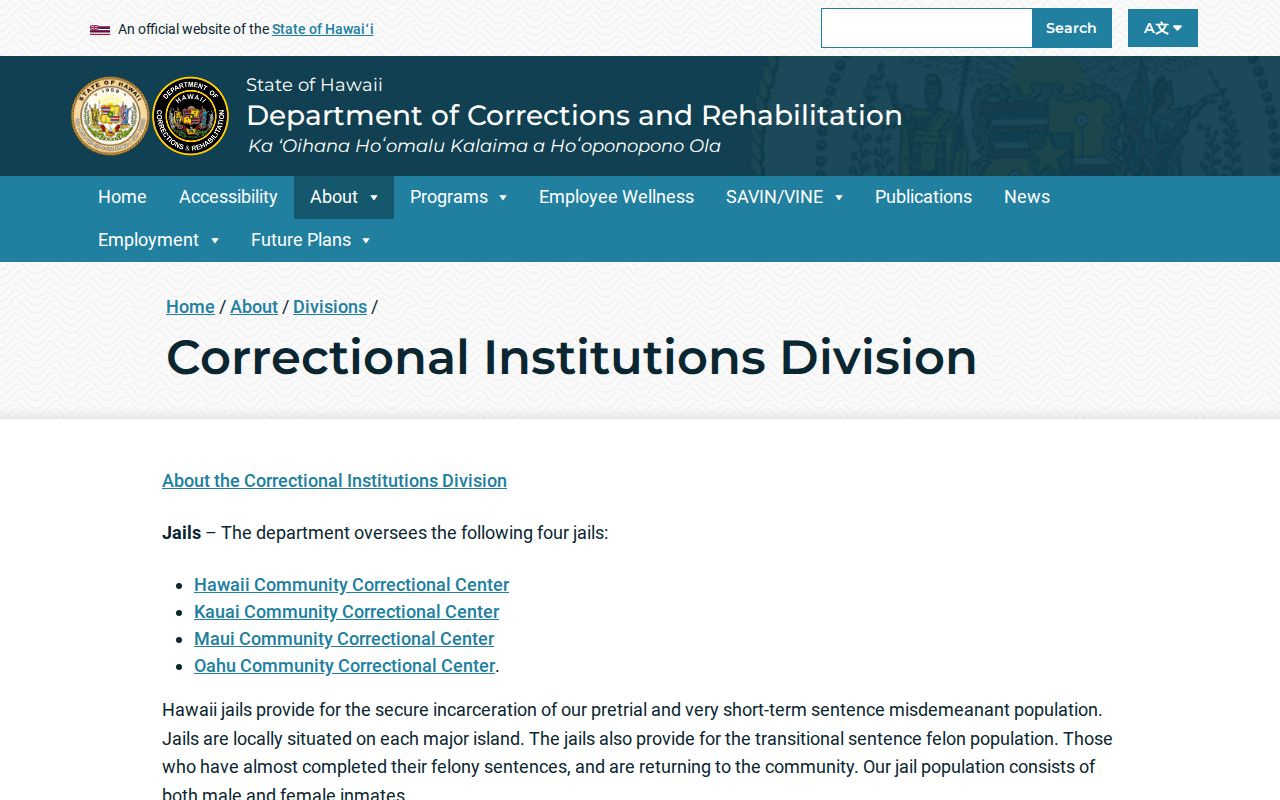 Honolulu County criminal custody facilities and DCR population reports