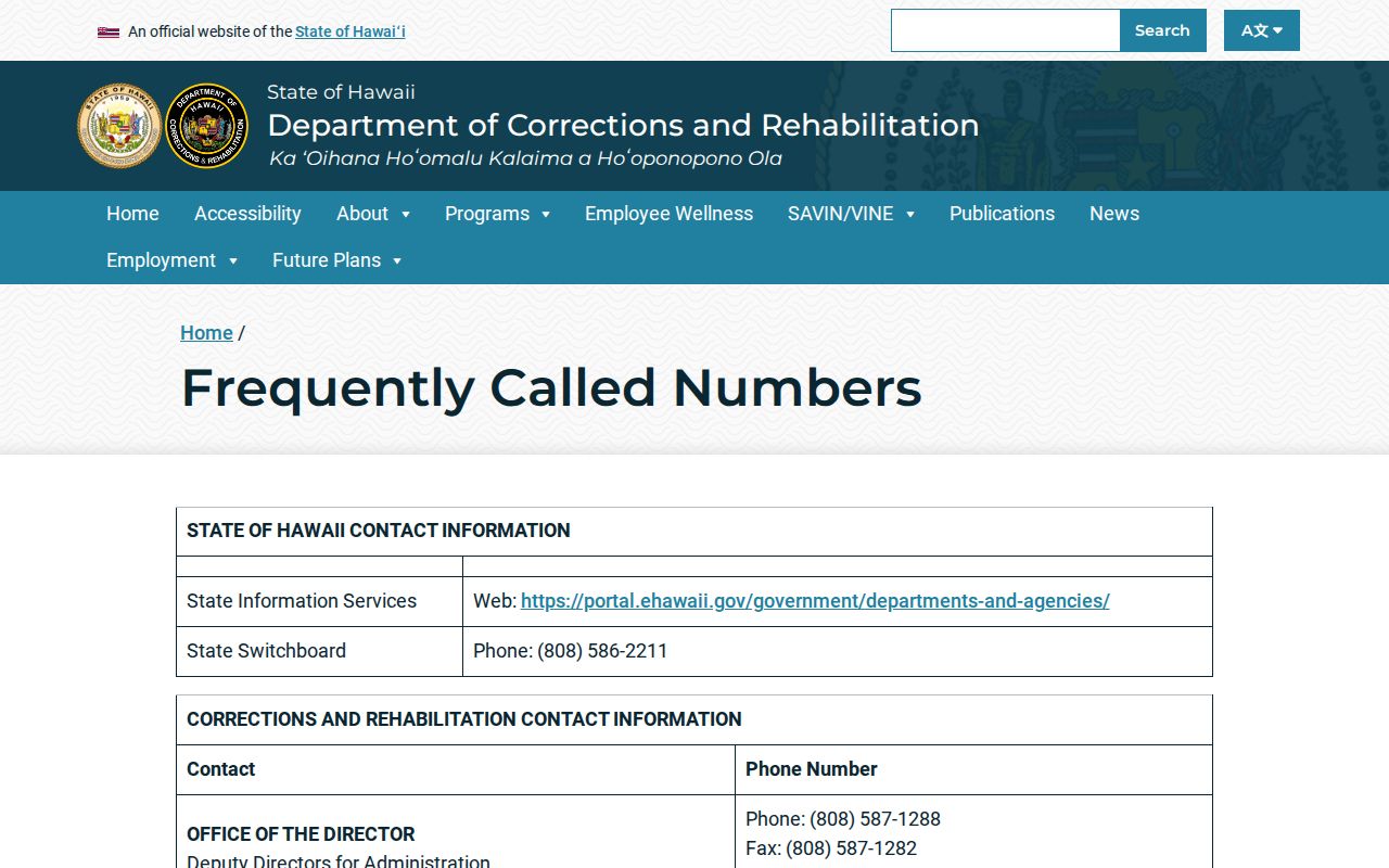 Hawaiʻi DCR facility and visitation telephone directory