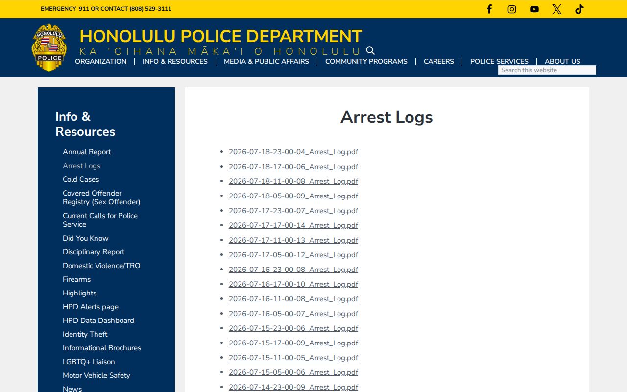Honolulu Police Department official timestamped arrest log page