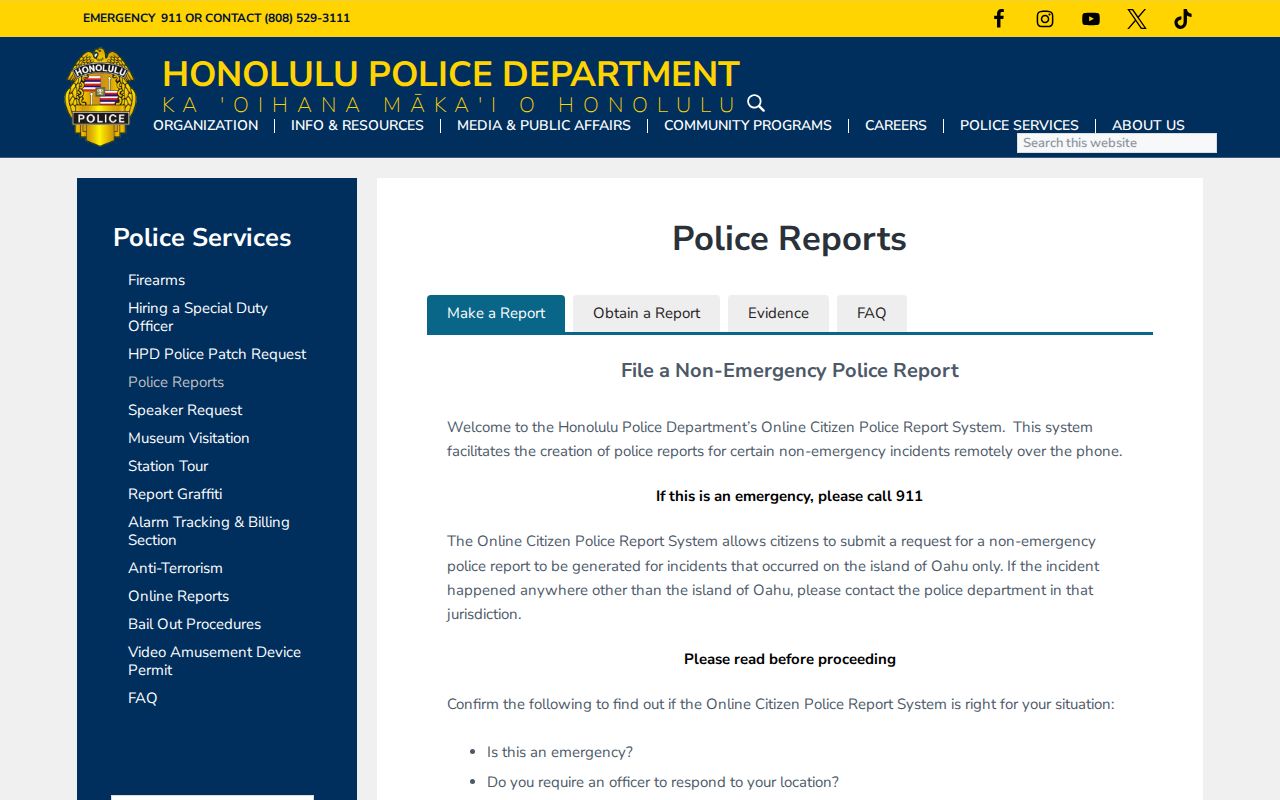 Honolulu Police Department police report request instructions