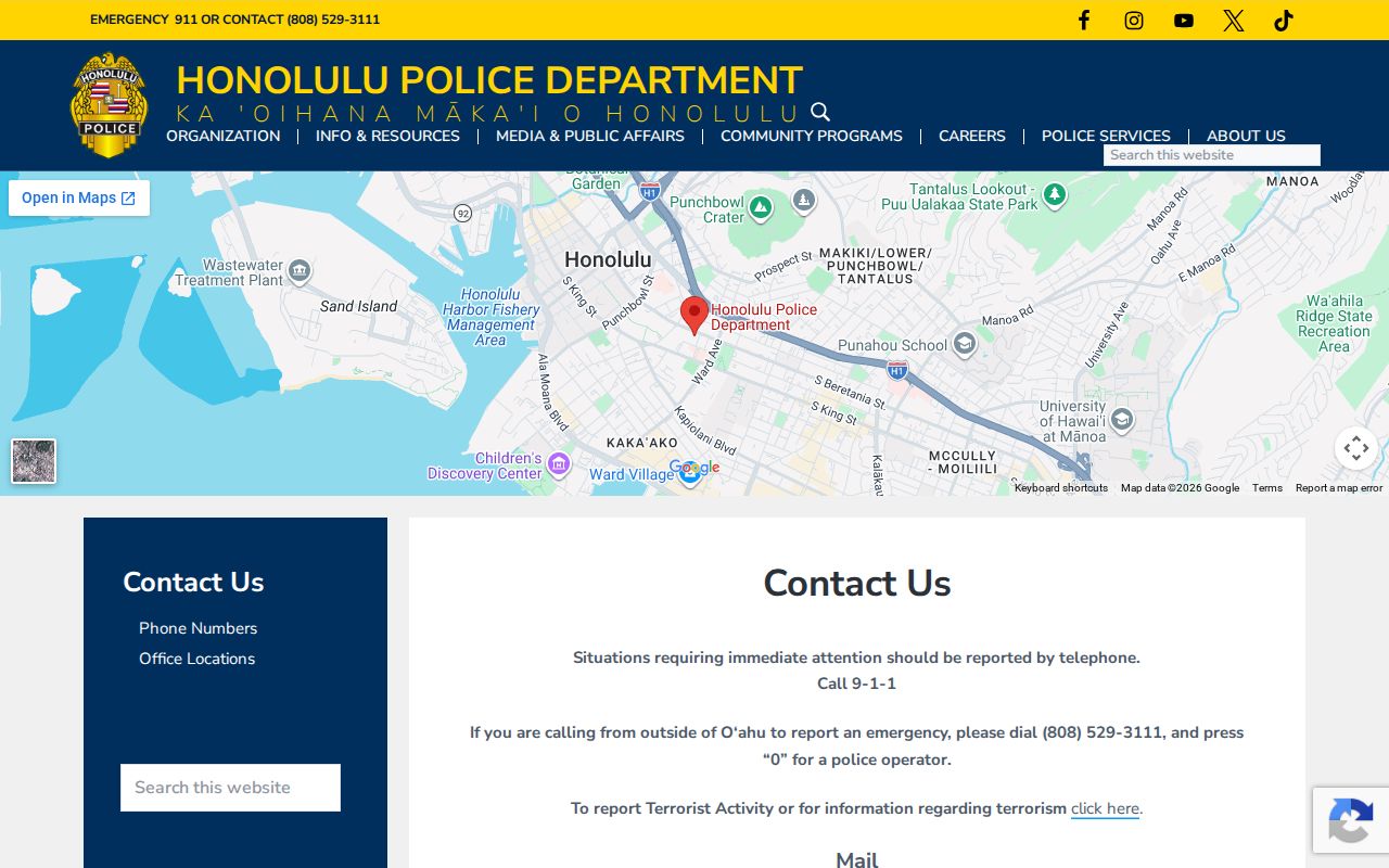 Honolulu criminal records contact information at HPD headquarters