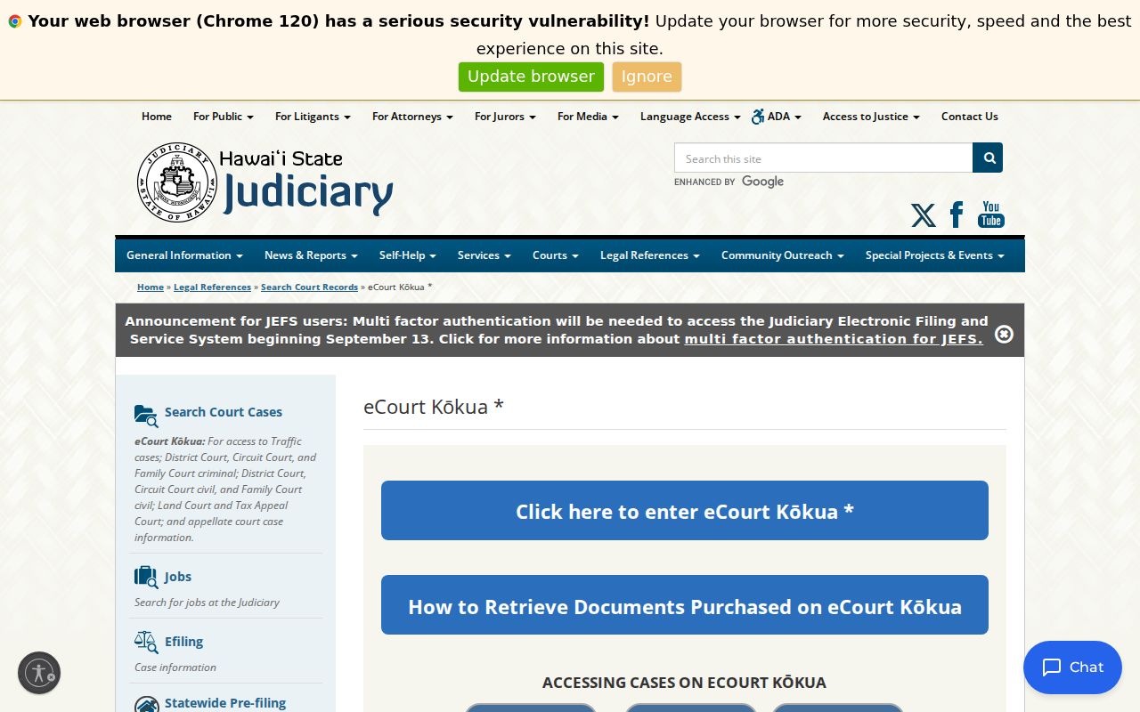 Hawaiʻi Judiciary eCourt Kōkua coverage and help page for Honolulu County cases