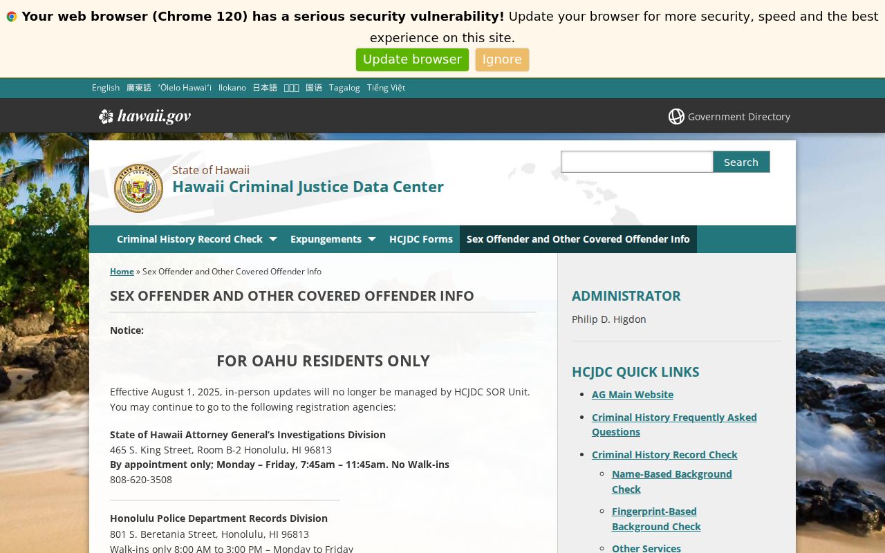 Honolulu County sex offender registration information from the Attorney General